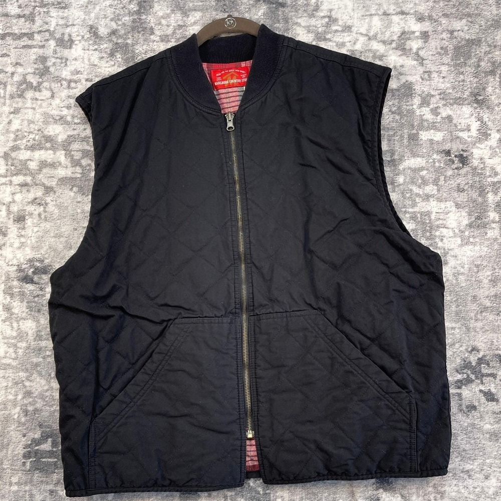 Vtg Marlboro Country Store Reversible Vest Men L Black Quilted Red Plaid Goth